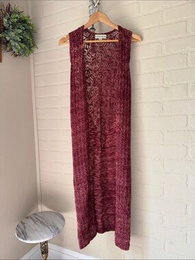 Knox Rose cardigan Long Open Knit Sleeveless Vest Burgundy sweater boho small